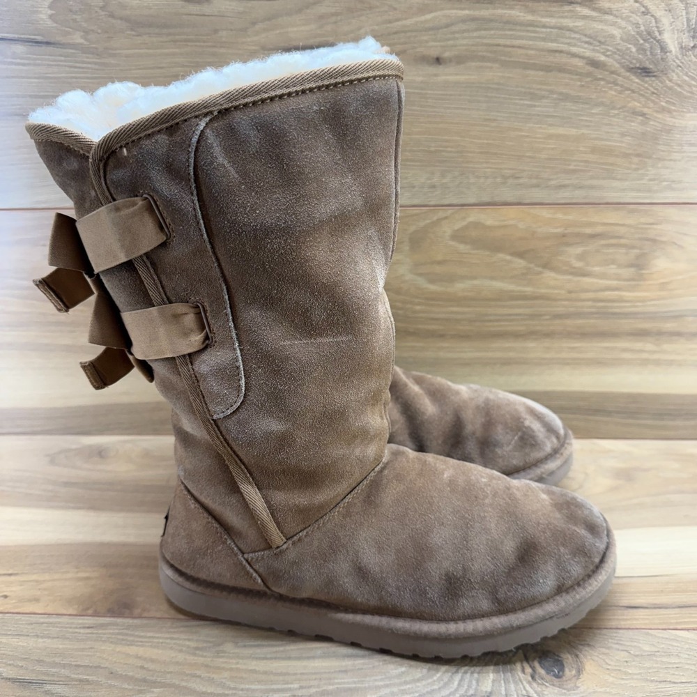 UGG Allegra Bow II Boots Womens 9 Chestnut Suede Tall Shearling Fur Lined